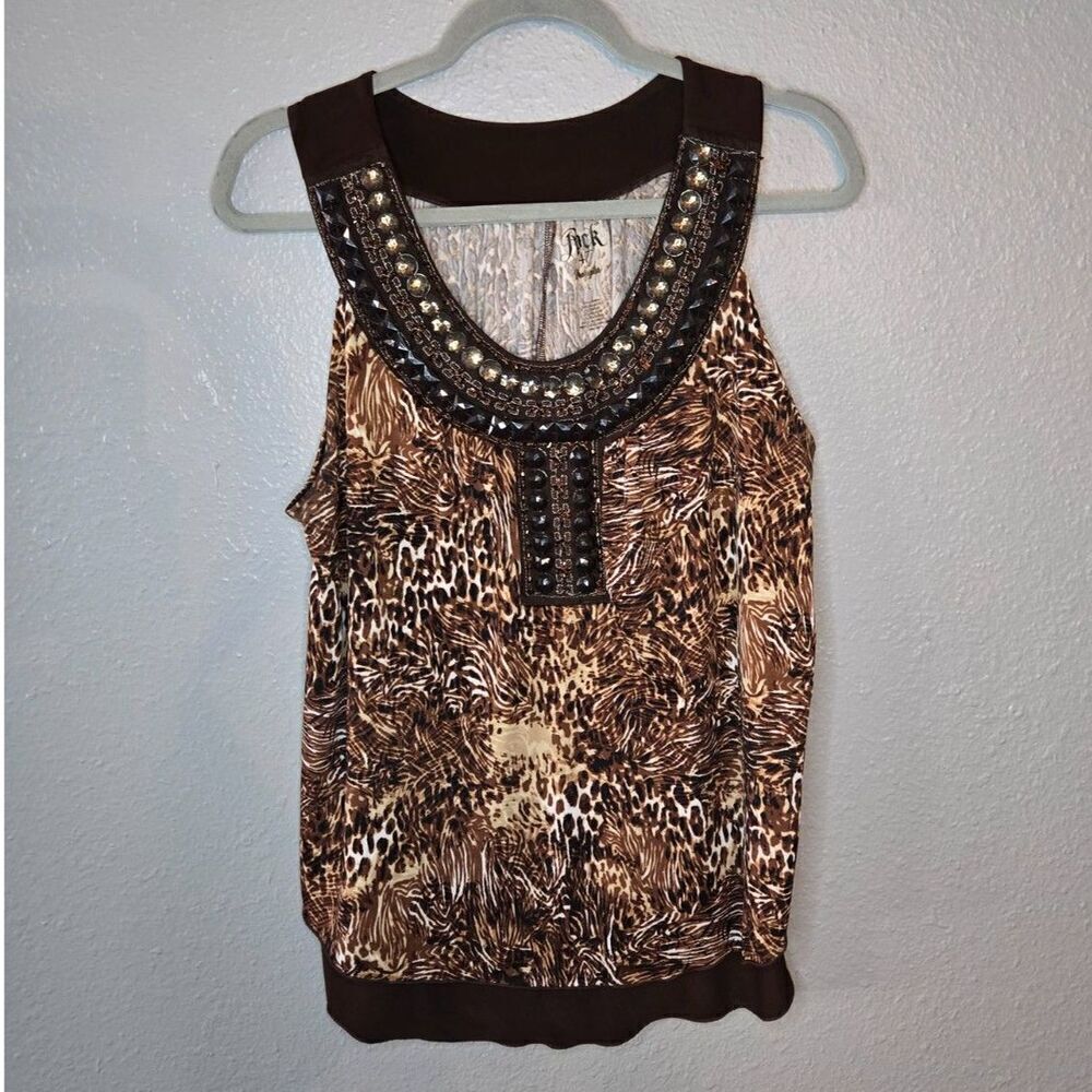 Rock 47 Wrangler Women's Brown Animal Print Jeweled Sleeveless Top Size Large